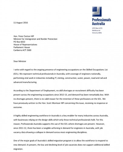 Letter to Minister Dutton (source: Professional Engineers Australia)